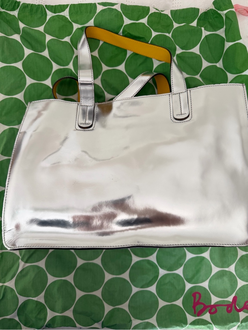 NWOT Bode Metallic Silver Tote Bag with Yellow Interior
